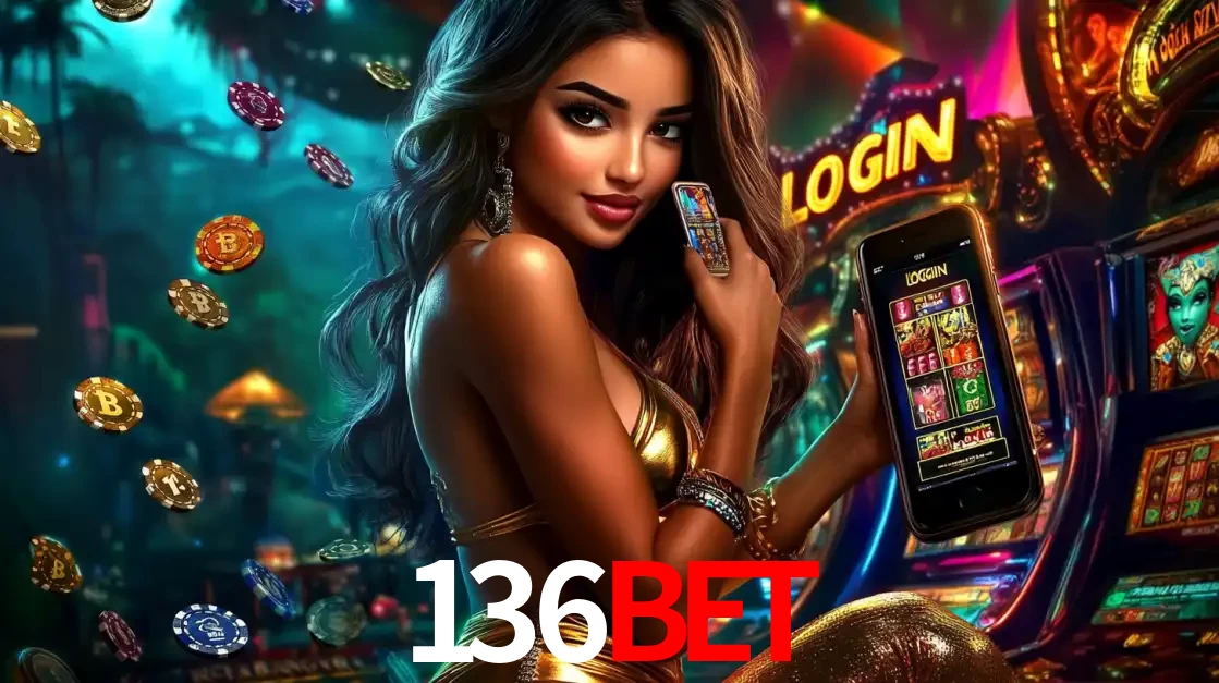 Mulher em um cenário de cassino temático de aventura, mostrando o app de caça-níqueis da 136BET no celular. Fichas de apostas flutuam ao redor.