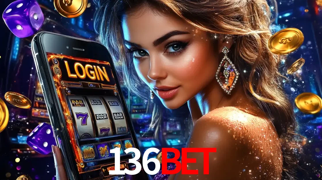 Mulher glamorosa segurando um smartphone com a tela de login para os jogos de caça-níqueis do cassino online 136BET, com moedas de ouro e dados ao redor.