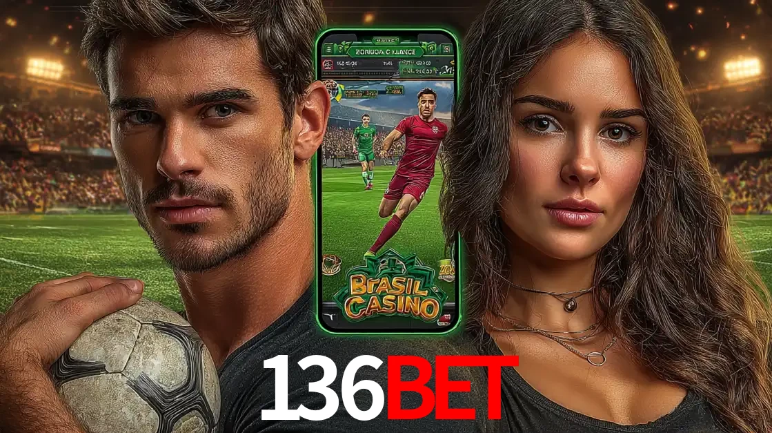 Homem segurando uma bola de futebol e uma mulher ao lado de um smartphone exibindo o jogo de apostas esportivas da 136BET. Faça seu palpite no cassino online.